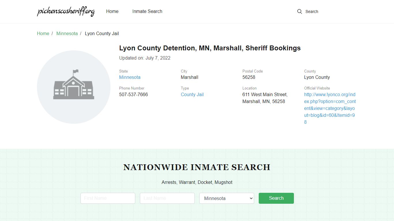 Lyon County Detention, MN, Marshall, Sheriff Bookings